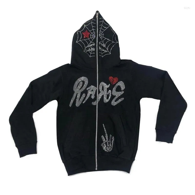 Men's Hoodies Y2K Full Zip Up Hoodie Men Autumn Winter Gothic Rhinestones Web Sweatshirt Hip Hop Grunge Skeleton Oversized Jacket